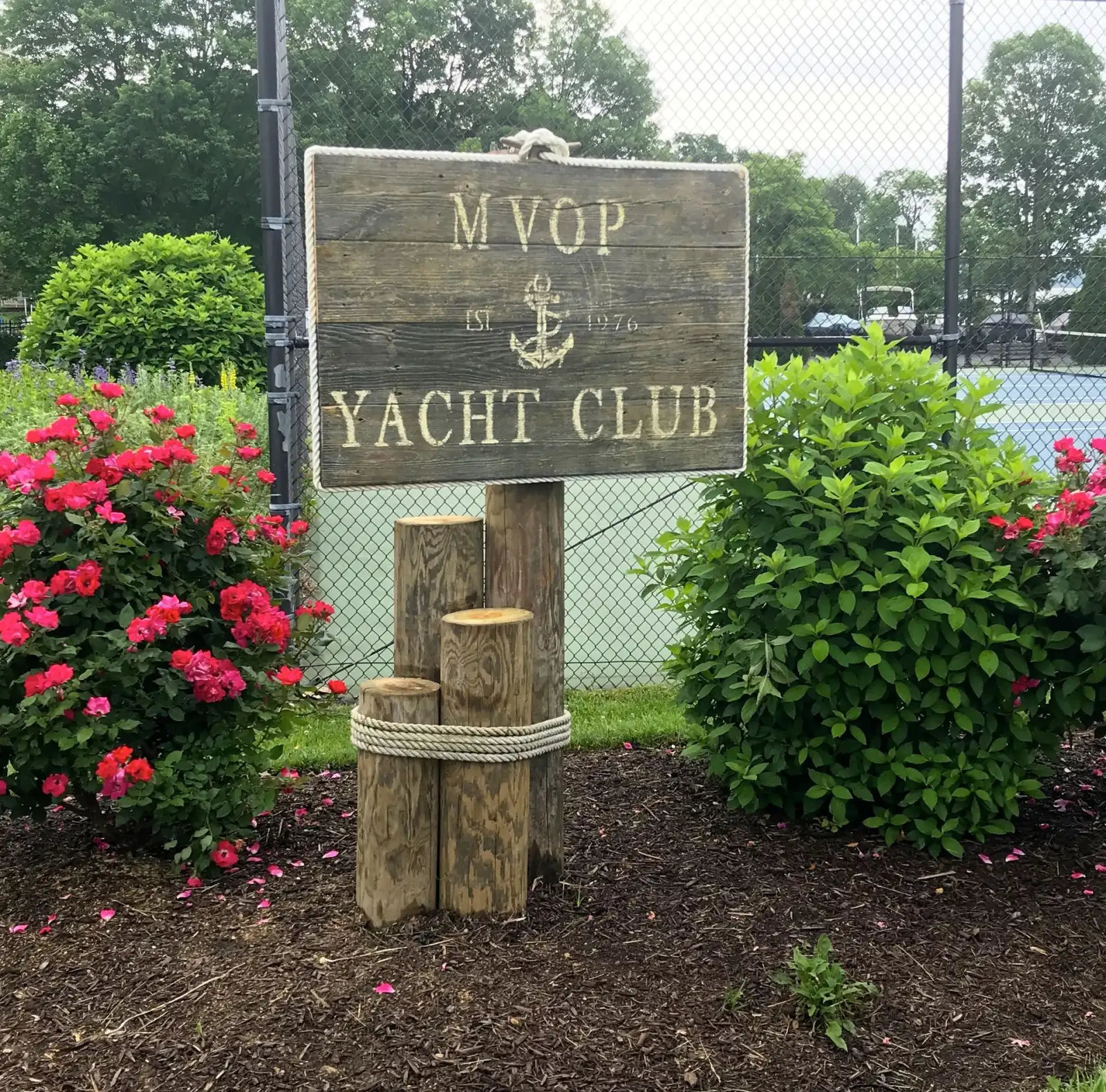 The MVOP Yacht Club sign at the marina and tennis courts